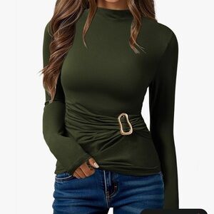 Ruched Olive Mock Neck Long Sleeve Top with Gold Buckle